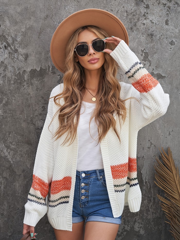 Color Block Long Sleeve Cardigan, Casual Open Front Loose Sweater For Spring & Fall, Women's Clothing
