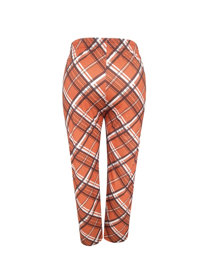 Plus Size Retro Pants, Women's Plus Plaid Print Elastic Slight Stretch Halloween Pants