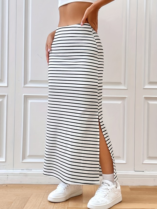 Striped Split Maxi Skirt, Elegant Slim Skirt For Spring & Fall, Women's Clothing