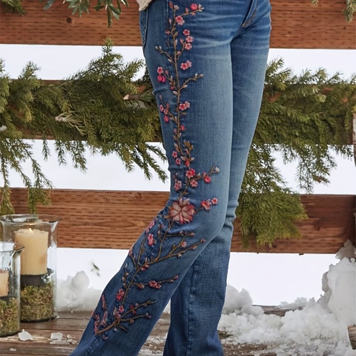 Plus Size Casual Jeans, Women's Plus Floral Embroidered Button Fly High Rise Slight Stretch Straight Leg Jeans