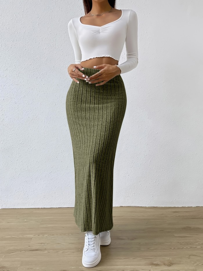Solid Ribbed High Waist Skirt, Casual Ankle Length Bodycon Skirt, Women's Clothing