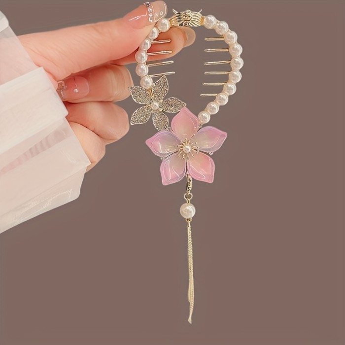 1pc Girl's Flower Tassel Faux Pearl Female Ponytail Buckle Hair Ring Fixed Clip