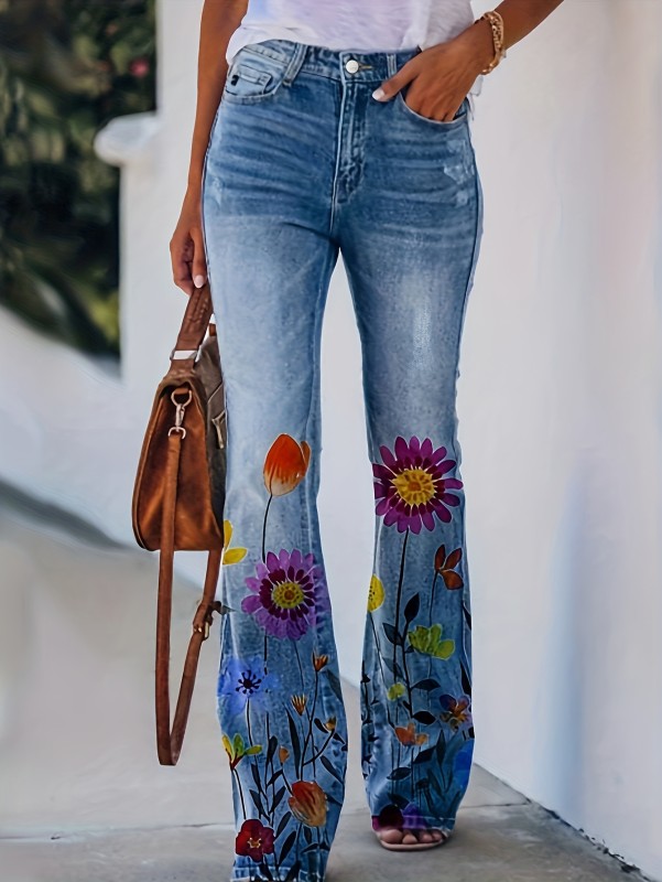 Plus Size Casual Jeans, Women's Plus Floral Print Button Fly Elastic Flared Leg High Stretch Jeans