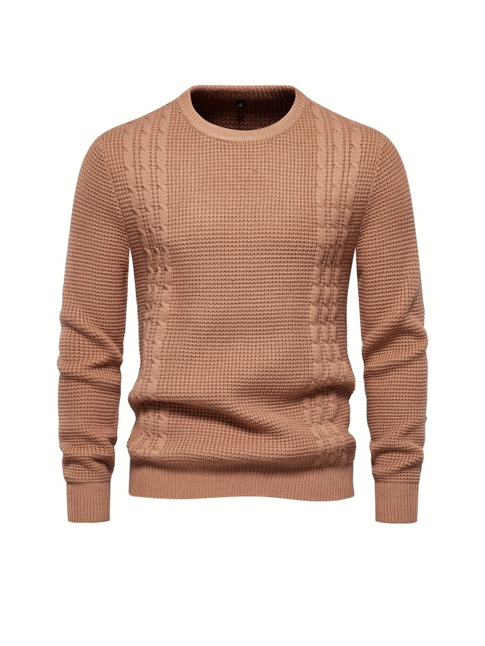 All Match Knitted Solid Sweater, Men's Casual Warm Slightly Stretch Crew Neck Pullover Sweater For Men Fall Winter