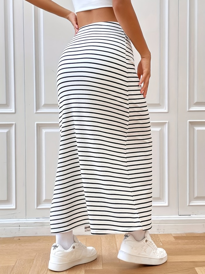 Striped Split Maxi Skirt, Elegant Slim Skirt For Spring & Fall, Women's Clothing