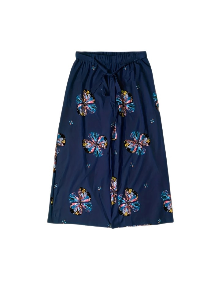 Plus Size Retro Pants, Women's Plus Tie Dye Floral Print Elastic Straight Leg Pants With Belt