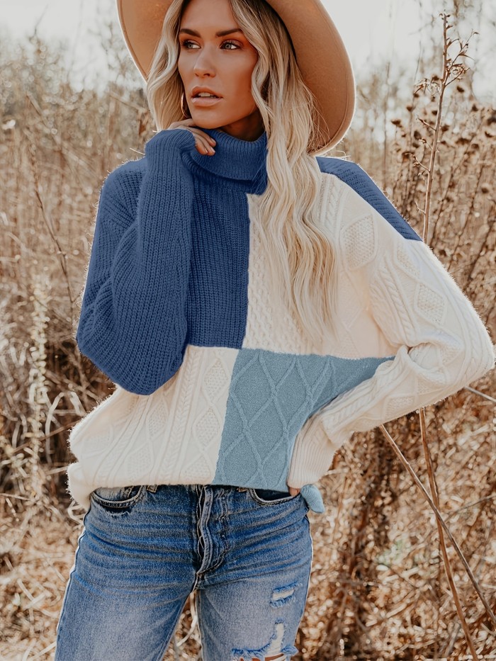 Colorblock Cable Knit Sweater, Casual Turtleneck Long Sleeve Sweater, Women's Clothing
