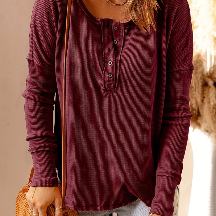 Women's Long Sleeve Henley Tops Casual Button Up Tunic Blouse Ribbed Slim Fit Shirts