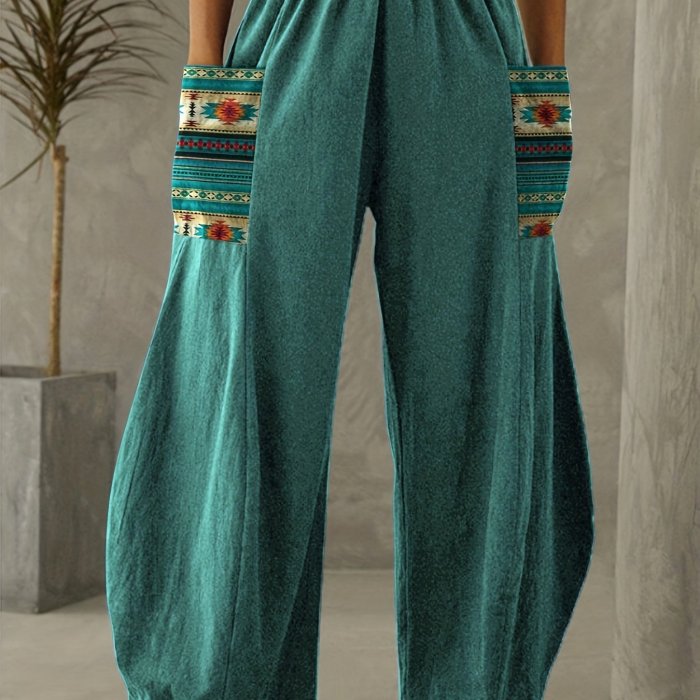 Boho Aztec Print High Waist Pants, Vintage Elastic Wide Leg Pants, Women's Clothing