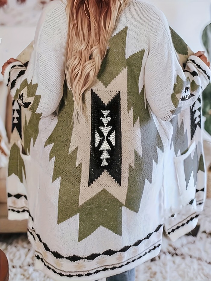 Geometric Print Open Front Cardigan, Vintage Long Sleeve Cardigan For Spring & Fall, Women's Clothing