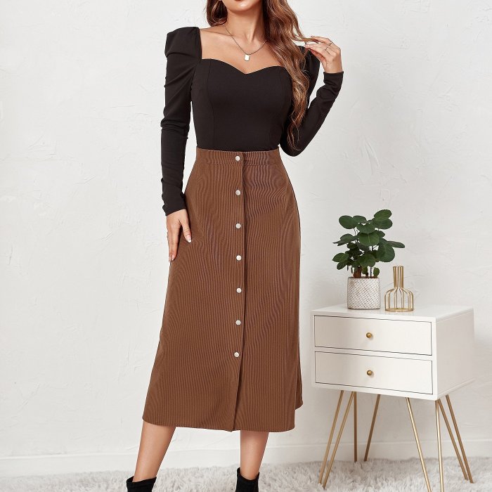 Corduroy Button Skirt, Elegant Solid High Waist Skirt For Fall & Winter, Women's Clothing