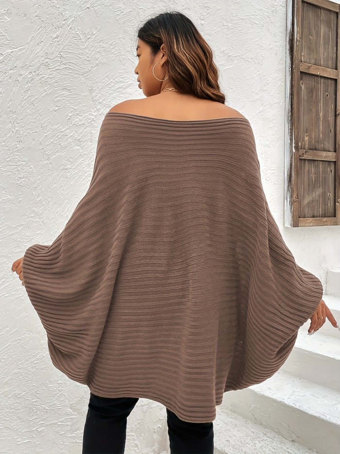 Plus Size Rib Knit Off Shoulder Batwing Sleeve Loose Fit Sweater, Women's Plus High Stretch Casual Sweater