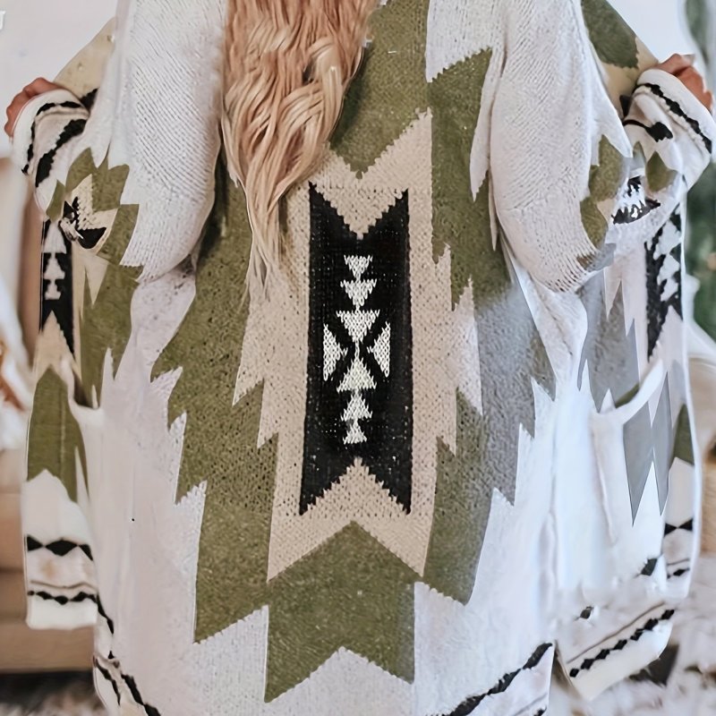 Geometric Print Open Front Cardigan, Vintage Long Sleeve Cardigan For Spring & Fall, Women's Clothing