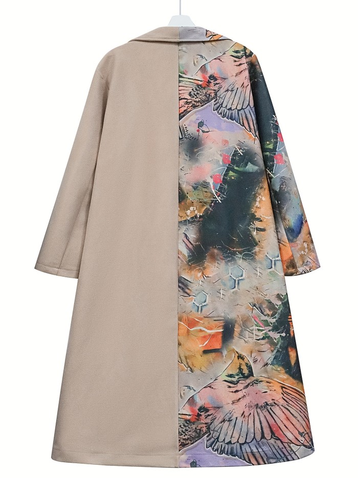 Plus Size Casual Coat, Women's Plus Colorblock Oil Painting Print Long Sleeve Single Breast Button Lapel Collar Longline Coat