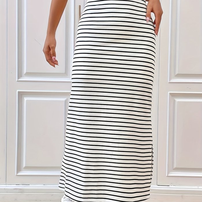 Striped Split Maxi Skirt, Elegant Slim Skirt For Spring & Fall, Women's Clothing