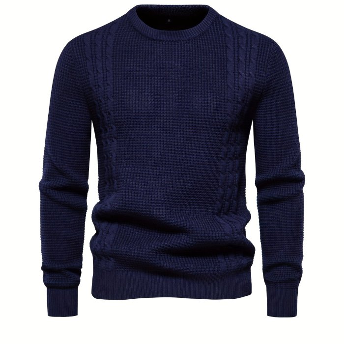 All Match Knitted Solid Sweater, Men's Casual Warm Slightly Stretch Crew Neck Pullover Sweater For Men Fall Winter