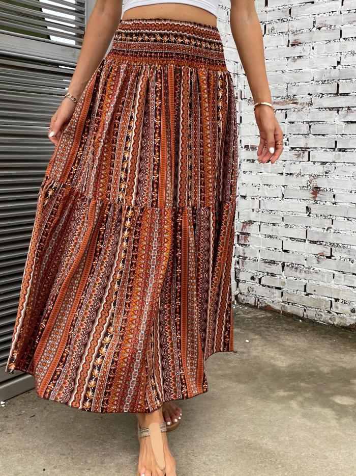 Tribal Floral Print High Waist Skirt, Casual A Line Maxi Skirt, Women's Clothing