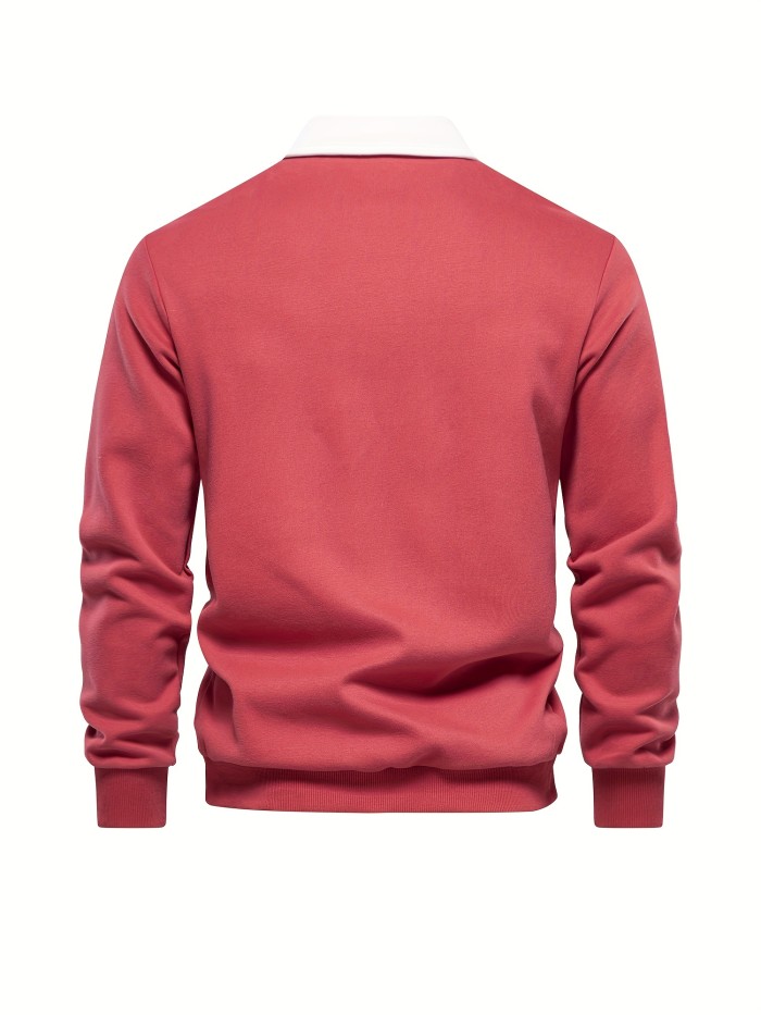 Cotton Blend Retro Lapel Polo Sweatshirts, Men's Casual V-Neck Pullover Long Sleeve Rugby Polo Shirt For Fall Winter, Men's Clothing