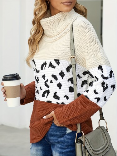 Color Block Leopard Pullover Sweater, Casual Long Sleeve Turtle Neck Sweater, Women's Clothing