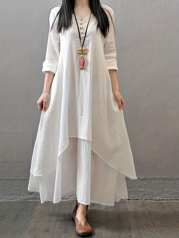 Layered Solid Dress, Casual V Neck Long Sleeve Maxi Dress, Women's Clothing