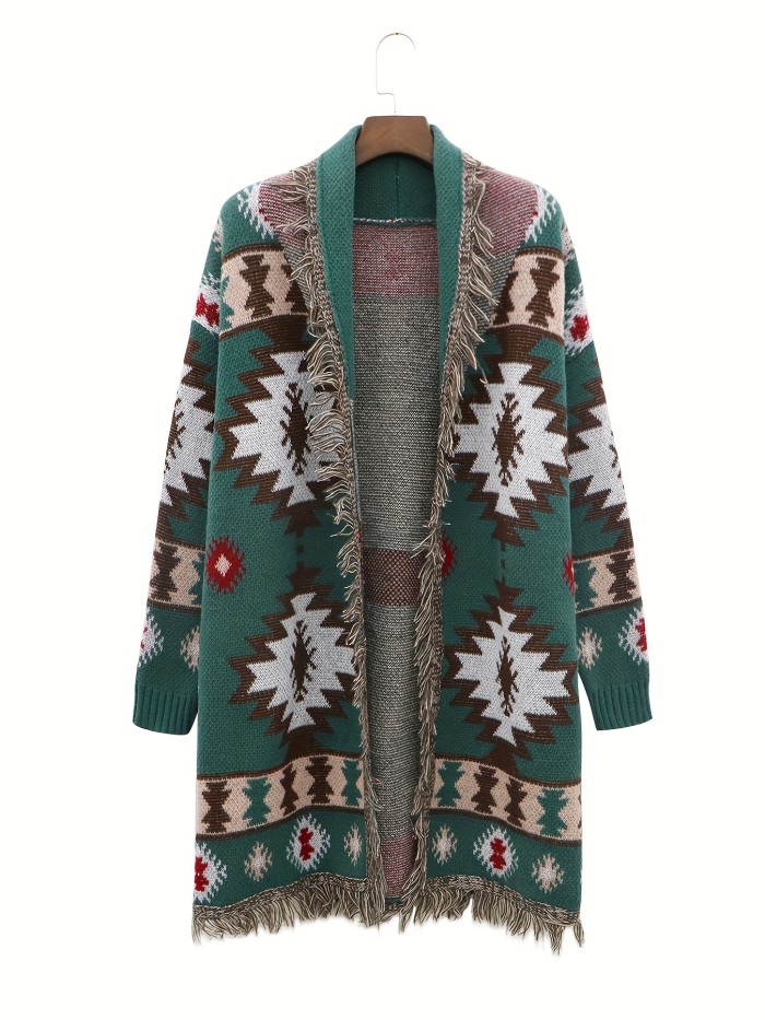 Western Ethnic Pattern Knit Cardigan, Casual Open Front Tassel Trim Sweater Outwear, Women's Clothing