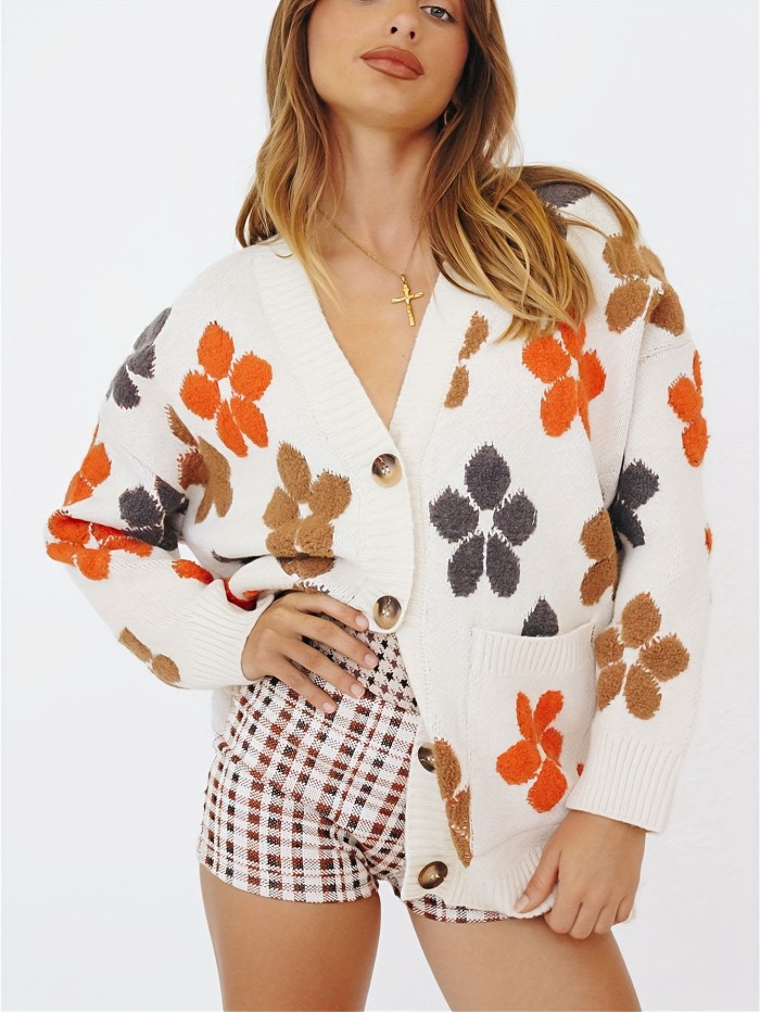 Floral Embroidery Button Up Knit Cardigan, Casual Long Sleeve Pocket Sweater For Fall & Winter, Women's Clothing