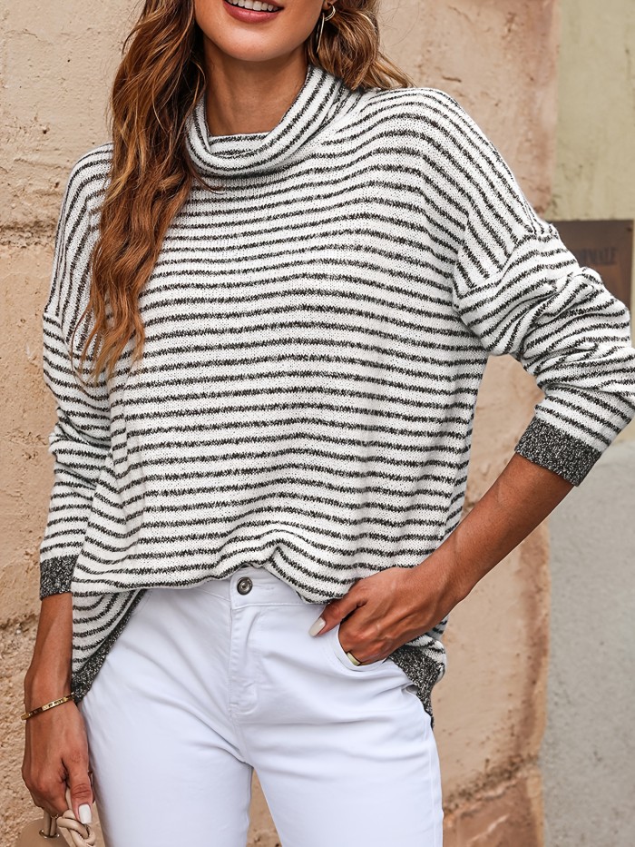 Striped Turtleneck Pullover Sweater, Casual Long Sleeve Sweater, Women's Clothing