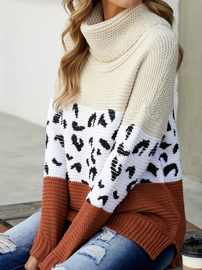 Color Block Leopard Pullover Sweater, Casual Long Sleeve Turtle Neck Sweater, Women's Clothing