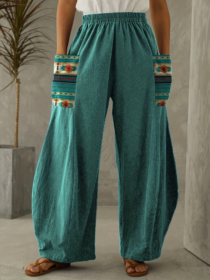Boho Aztec Print High Waist Pants, Vintage Elastic Wide Leg Pants, Women's Clothing