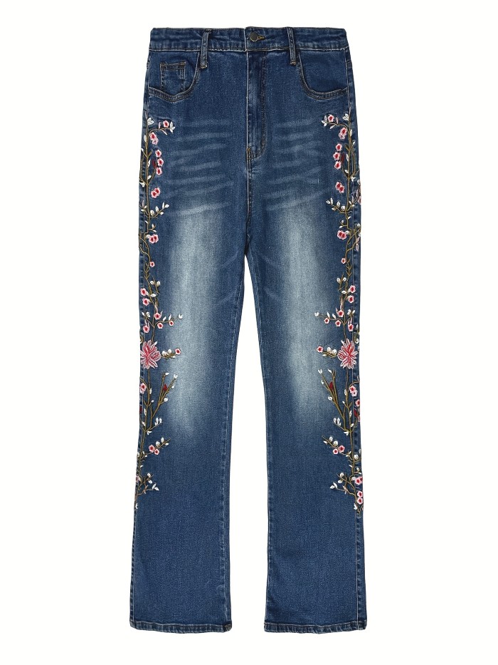 Plus Size Casual Jeans, Women's Plus Floral Embroidered Button Fly High Rise Slight Stretch Straight Leg Jeans