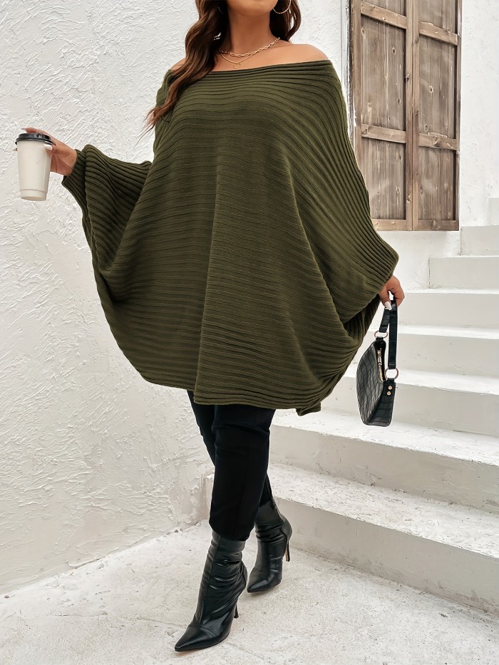Plus Size Rib Knit Off Shoulder Batwing Sleeve Loose Fit Sweater, Women's Plus High Stretch Casual Sweater