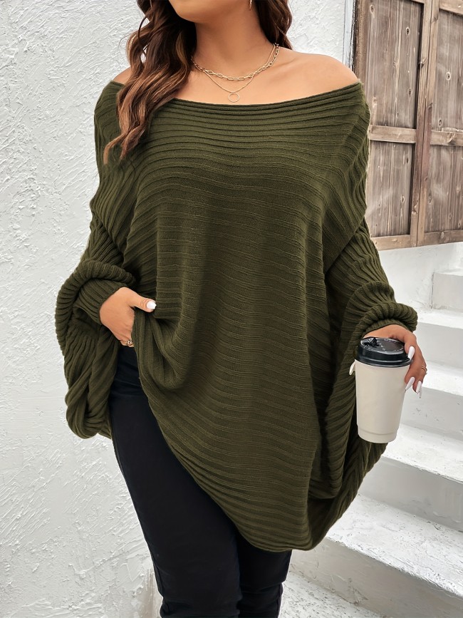 Plus Size Rib Knit Off Shoulder Batwing Sleeve Loose Fit Sweater, Women's Plus High Stretch Casual Sweater