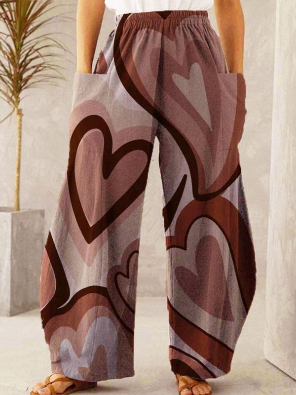 Women's Hippie Pants Valentine's Day Casual Mid Waist Print Straight Wide Fashion Loose Pants