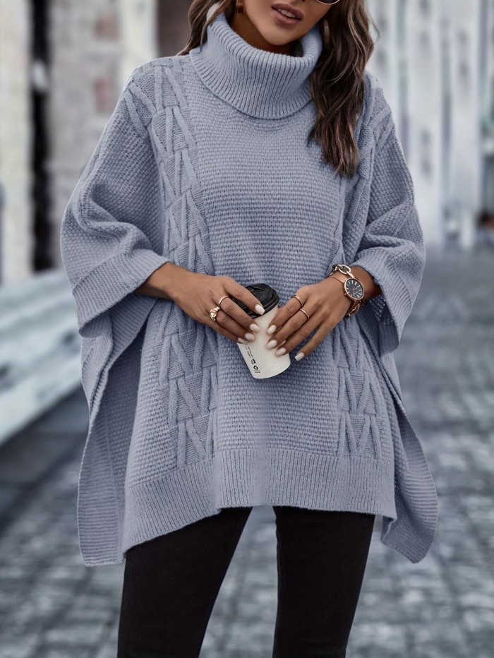 Plus Size Casual Sweater, Women's Plus Solid Cable Bat Sleeve Turtle Neck High Stretch Jumper