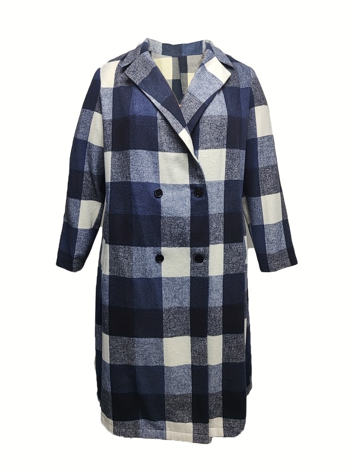 Plus Size Casual Trench Coat, Women's Plus Plaid Print Double Breasted Long Sleeve Lapel Collar Long Trench Coat