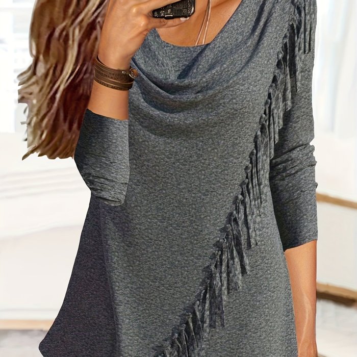 Tassel Decor Cowl Neck T-Shirt, Casual Long Sleeve Top For Spring & Fall, Women's Clothing
