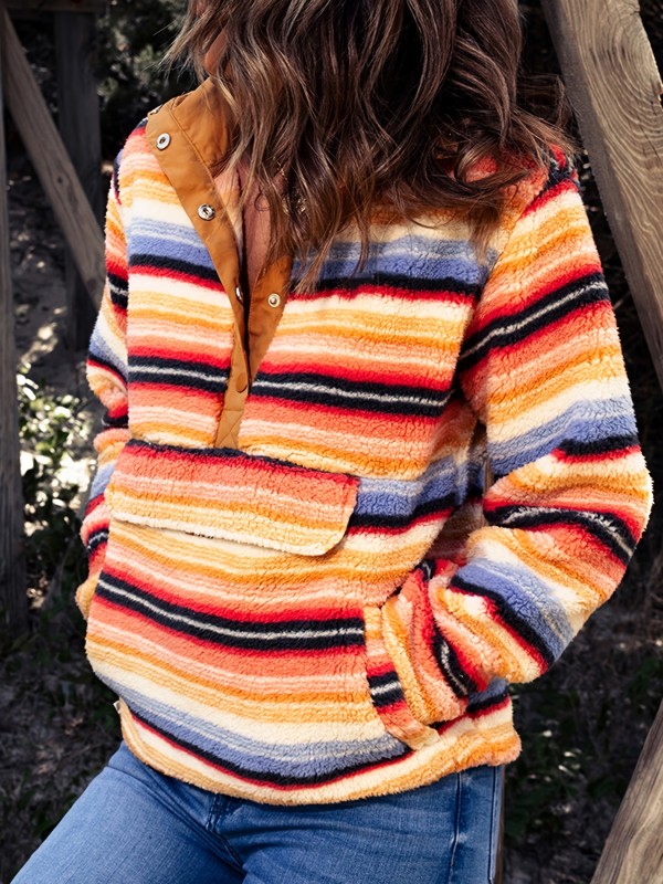 Multicolor Striped Kangaroo Pocket Buttoned Pullover, Long Sleeve Casual Every Day Sweatshirt For Fall & Winter, Women's Clothing