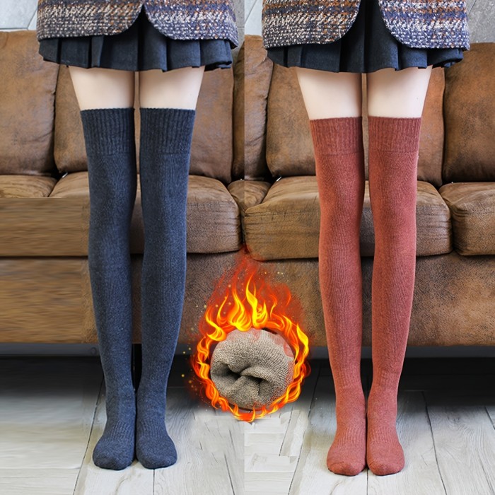 Women's Thigh High Socks Knit Warm Thick Tall Long Boot Over Knee JK Style Stockings Calf Socks