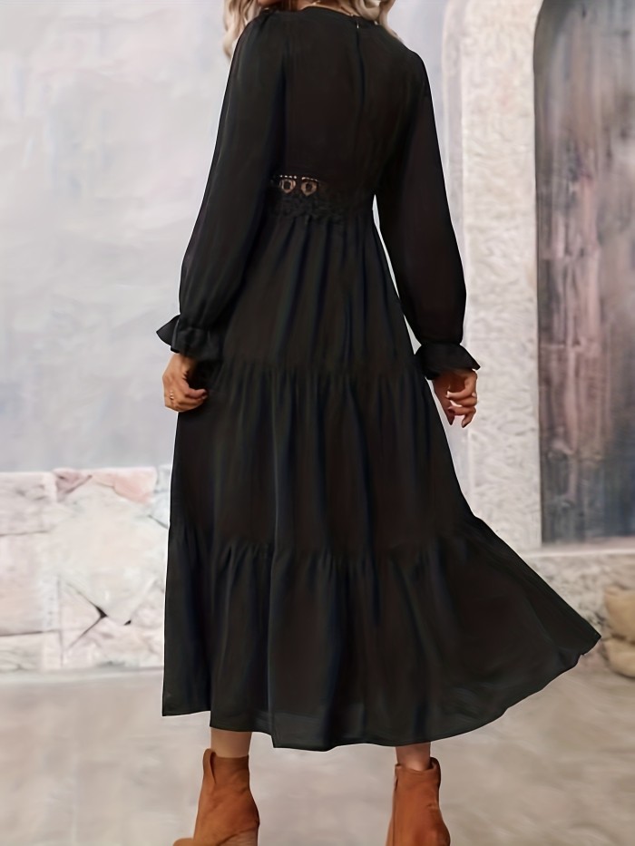 Contrast Lace Tiered Dress, Elegant V Neck Long Sleeve Dress
