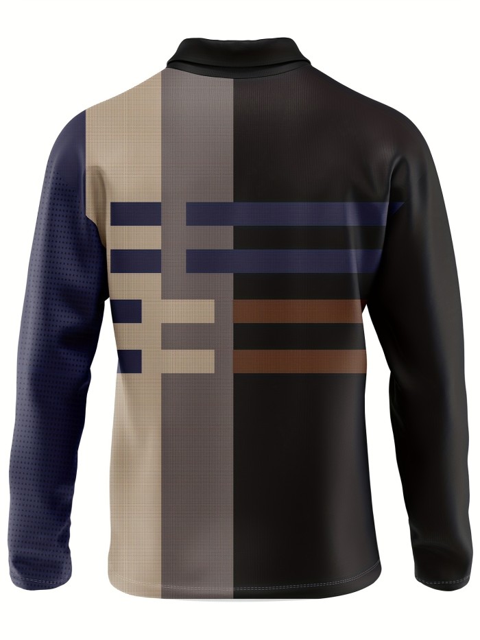 Geometric Pattern Men's Color Block Long Sleeve Polo Shirt, Trendy Male Shirt For Spring Fall Outdoor