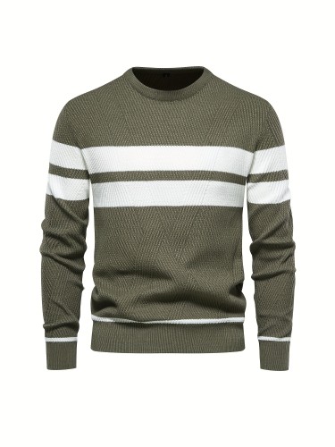All Match Knitted Striped Pattern Sweater, Men's Casual Warm Slightly Stretch Crew Neck Pullover Sweater For Men Fall Winter