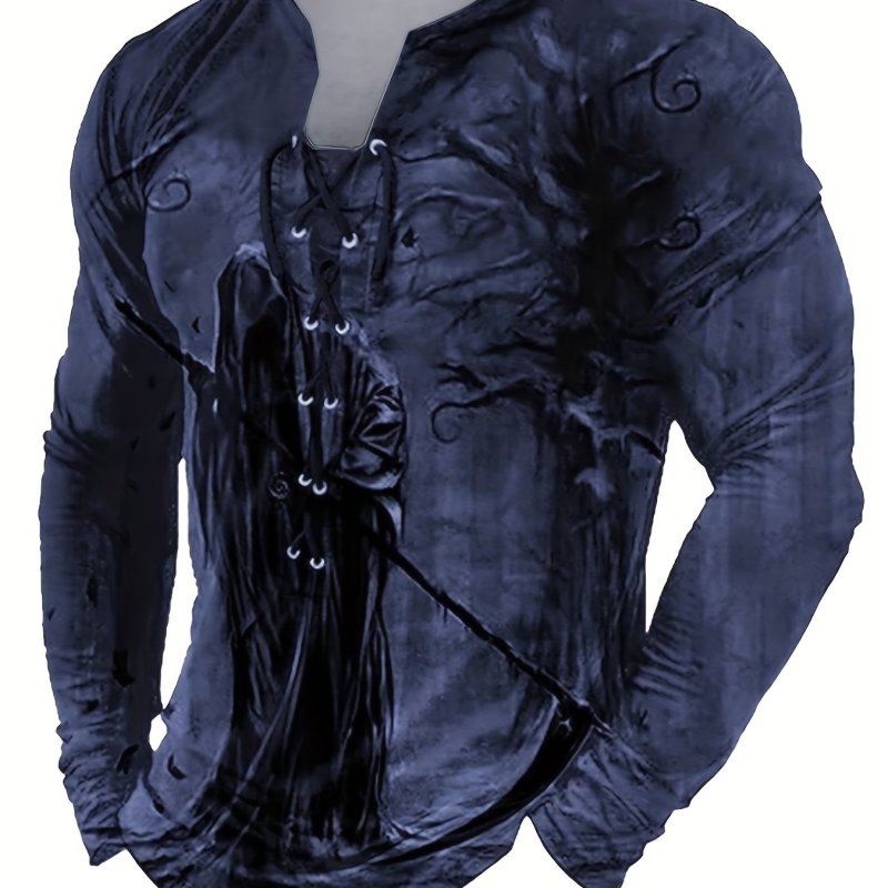3D Print Men's Retro Long Sleeve Henley Tee With Drawstring, Men's Spring Fall Graphic Tops