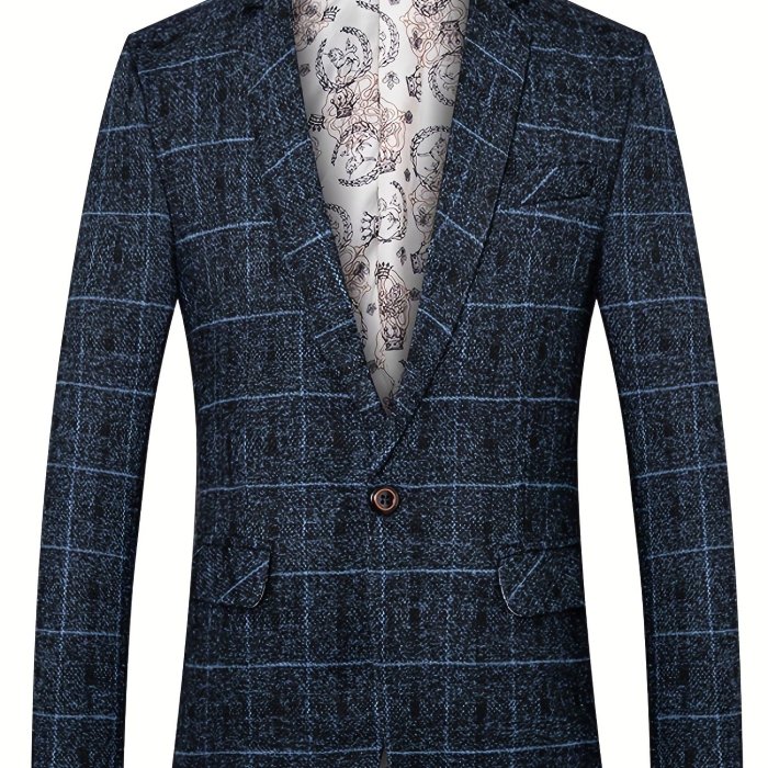 Plaid One Button Blazer, Men's Casual Retro Style Lapel Sports Coat For Spring Fall Business