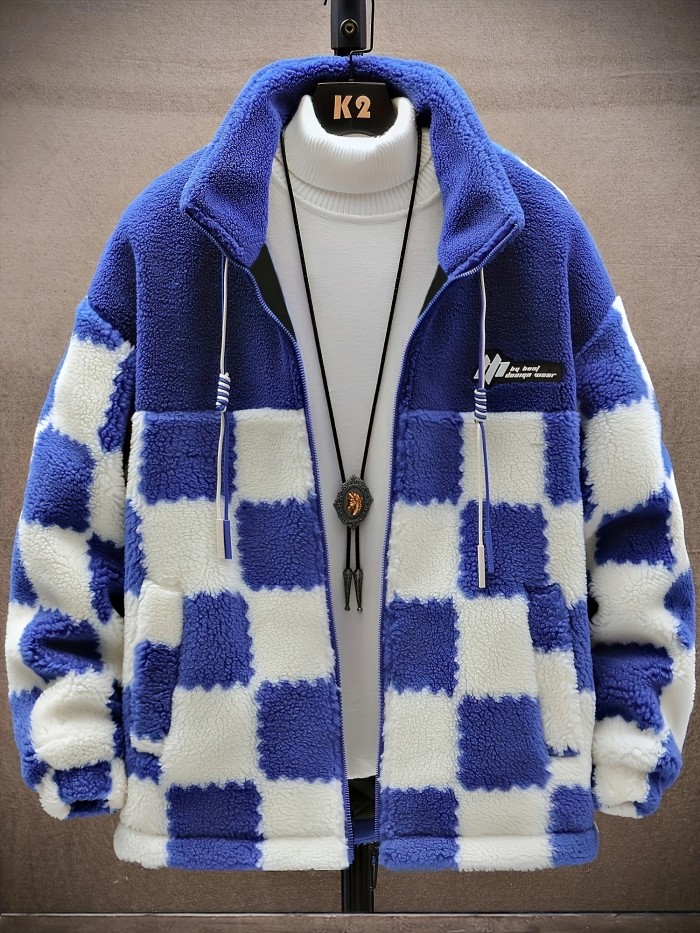 Men's Warm Thick Fleece Coat, Palid Cardigan Overcoat For Fall Winter