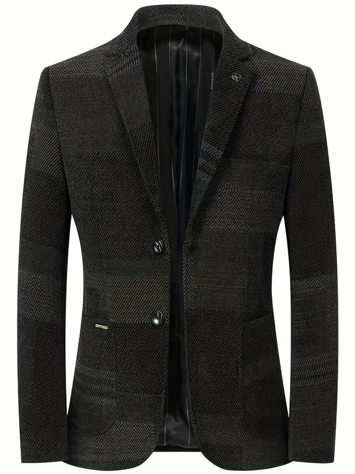 Herringbone Two Button Blazer, Men's Casual Flap Pocket Lapel Sports Coat For Spring Fall Business