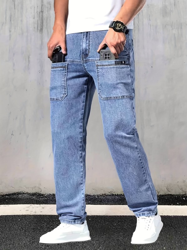 Loose Fit Straight Leg Jeans, Men's Casual Street Style Multi Pocket Denim Pants For All Seasons