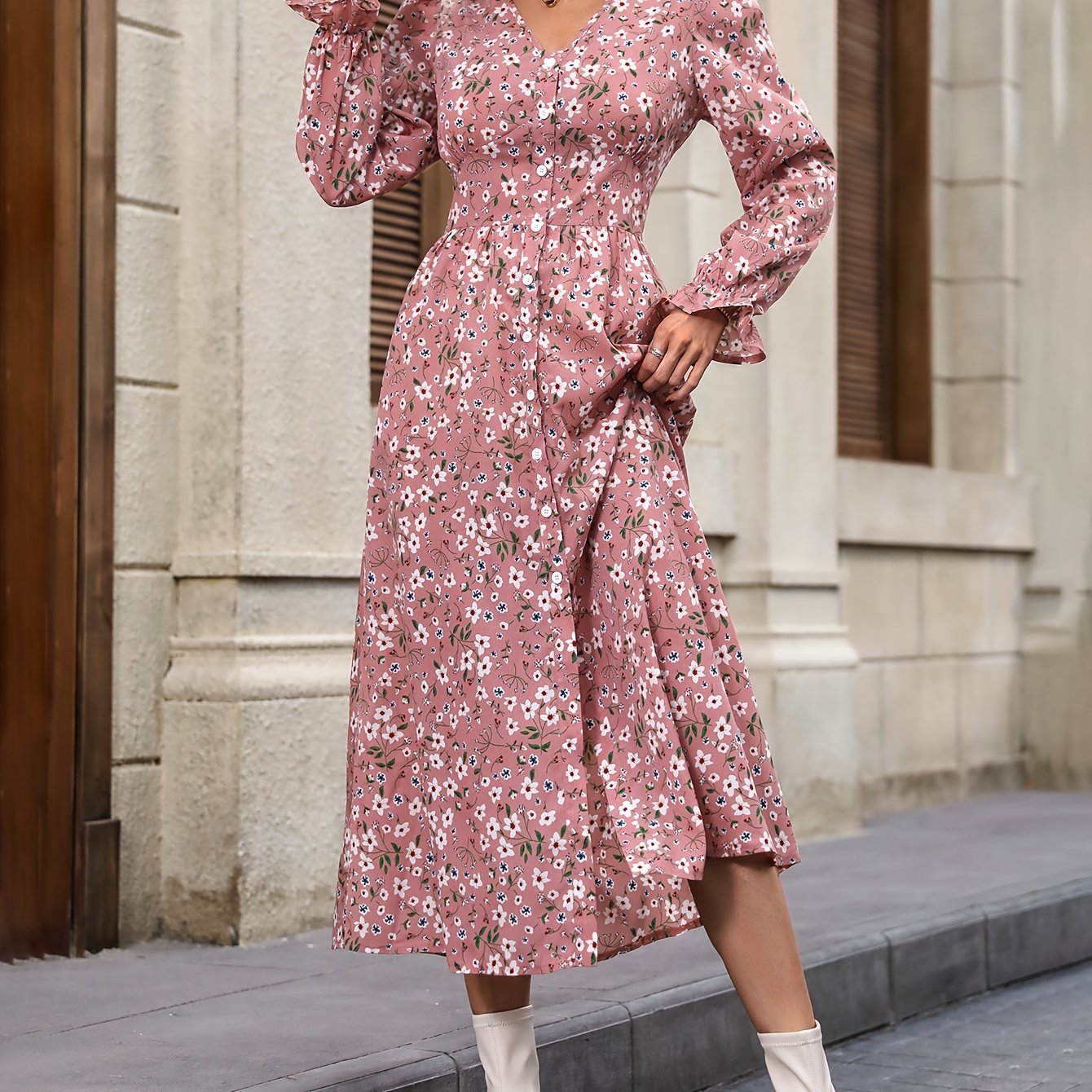 Elegant Printed V Neck Button Drawstring Dress