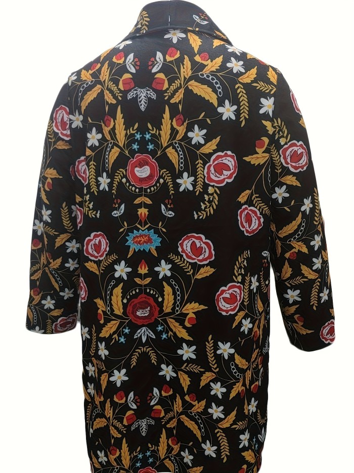 Plus Size Elegant Coat, Women's Plus Floral Print Long Sleeve Open Front Lapel Collar Tunic Coat