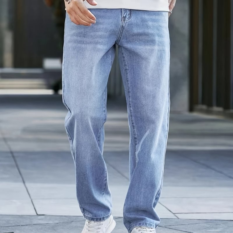 Men's Classic Design Loose Fit Distressed Jeans, Casual Street Style Denim Pants For The Four Seasons