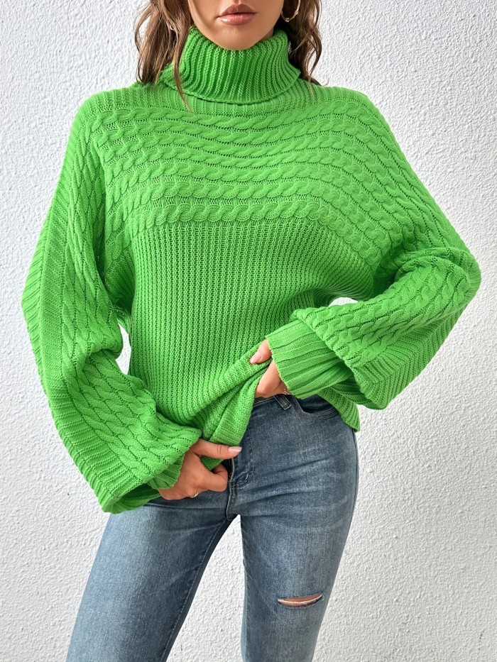 Women's Sweater Casual Turtleneck Twist Rib Green Long Sleeve Loose Fall Winter Sweater